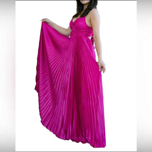 Satin Pleated Maxi Dress - Fuchsia - Picture 3 of 4